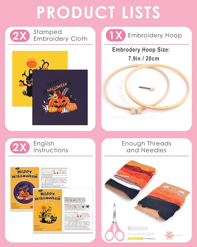 TINDTOP Halloween Embroidery Kit for Adult, Embroidery Kit Include Embroidery Cloth Hoops Threads for Craft Lover Hand Stitch with Embroidery Skill Techniques