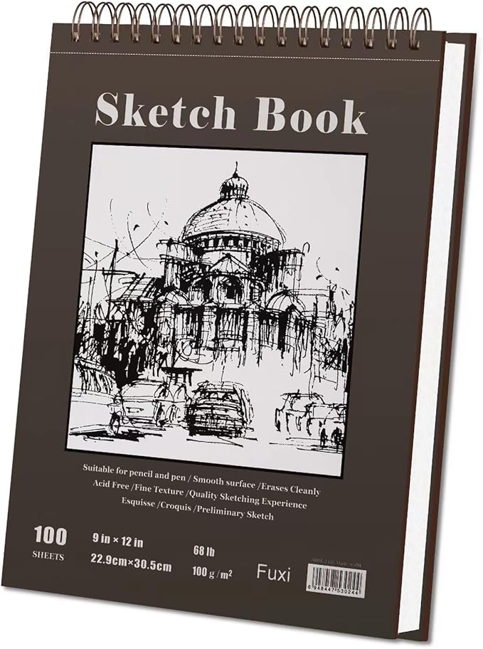 fuxi 9" x 12" sketch book, top spiral bound sketch pad, 100 sheets 68lb/100gsm acid-free drawing paper, art sketchbook for drawing pad for kids artists & beginners professional art supplies for adults