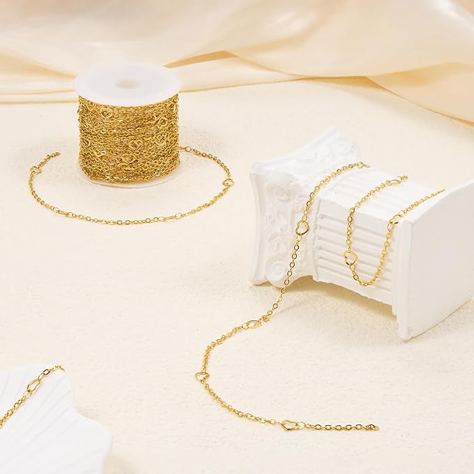YOUBEIYEE 16.4 Feet Gold Plated Chain for Jewelry Making Stainless Steel Heart Chains Bulk for Women Necklace DIY with Jewelry Accessories