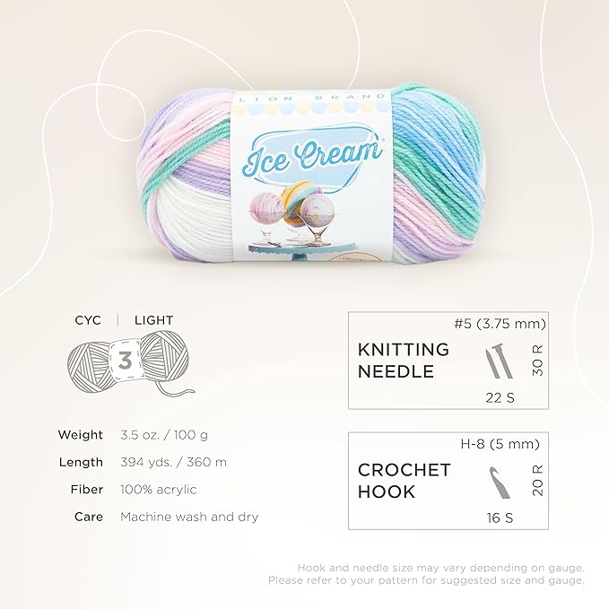Lion Brand Yarn, Ice Cream Baby Yarn for Knitting, Crochet, and Crafts, Love Potion, 3 Pack, DK Weight Colorful Acrylic Fiber for Baby Blankets, Hats, and Sweaters