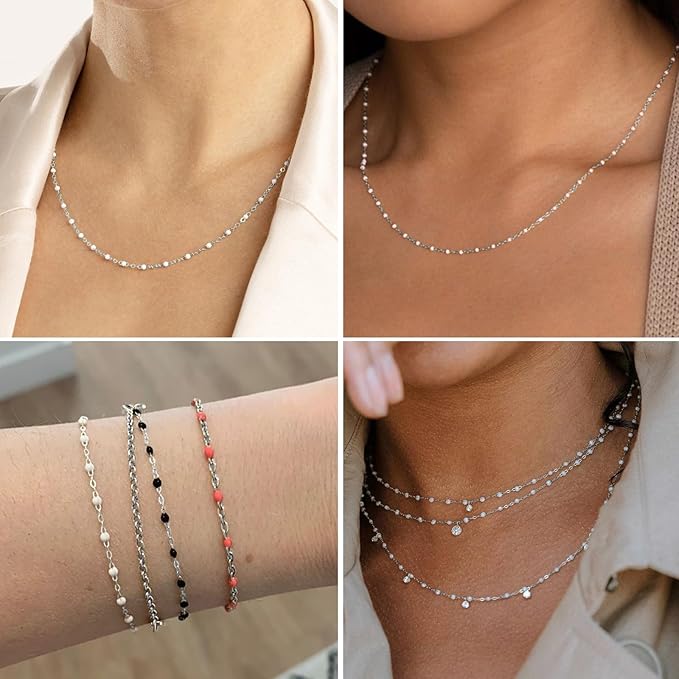 33 Feet Stainless Steel Enamel Chains Bulk, 2mm 304 Stainless Steel White Enamel Beaded Cable Link Chain Roll Spool for Jewelry Making