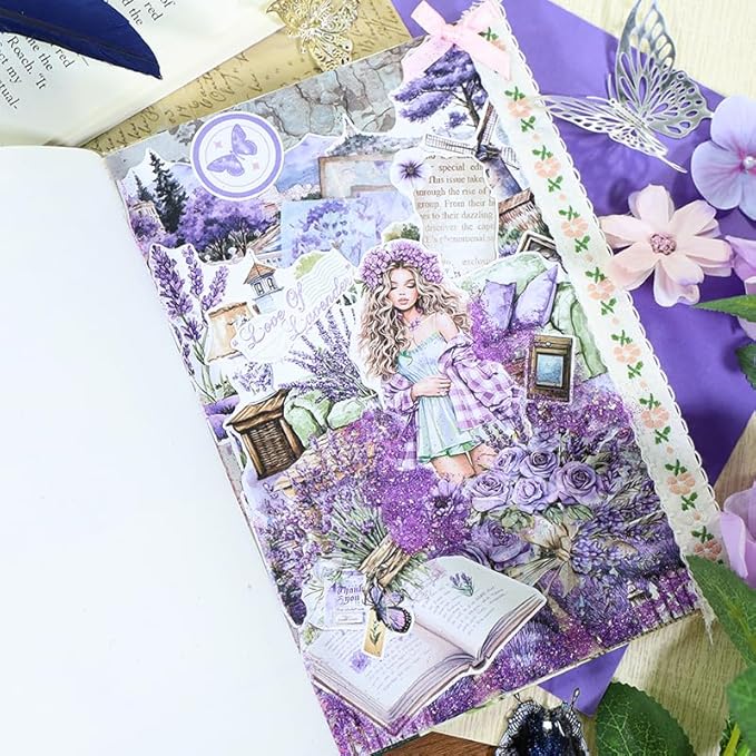 Song of Lavender Scrapbook Stickers for Women, 20 Sheets A5 Die-Cut Journaling Sticker Book for Adutls, Junk Journal Supplies, Planners, Bujo, Assorted PET Washi Paper Materials