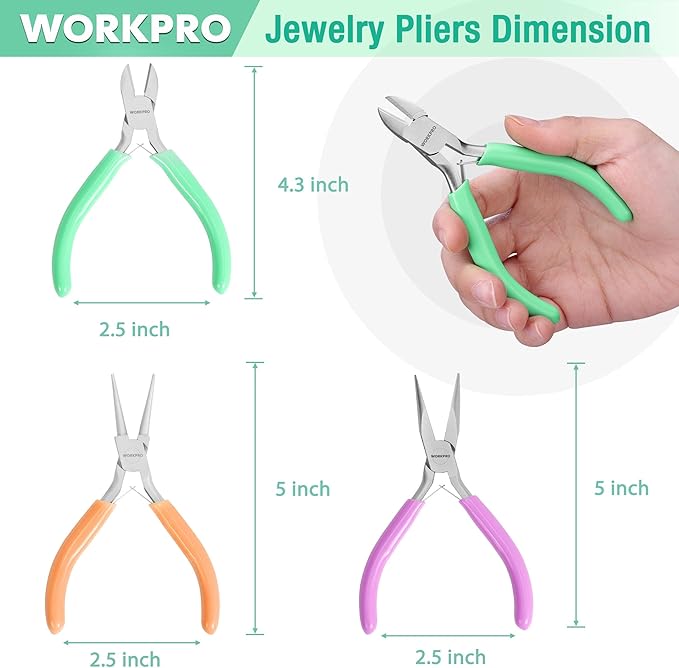 WORKPRO Jewelry Pliers Set, 3-Piece Mini Jewelry Tool Kit—Purple Needle Nose Plier/Chain Nose Plier, Orange Round Nose Pliers & Green Wire Cutter for Jewelry Making, Beading & Wire Wrapping
