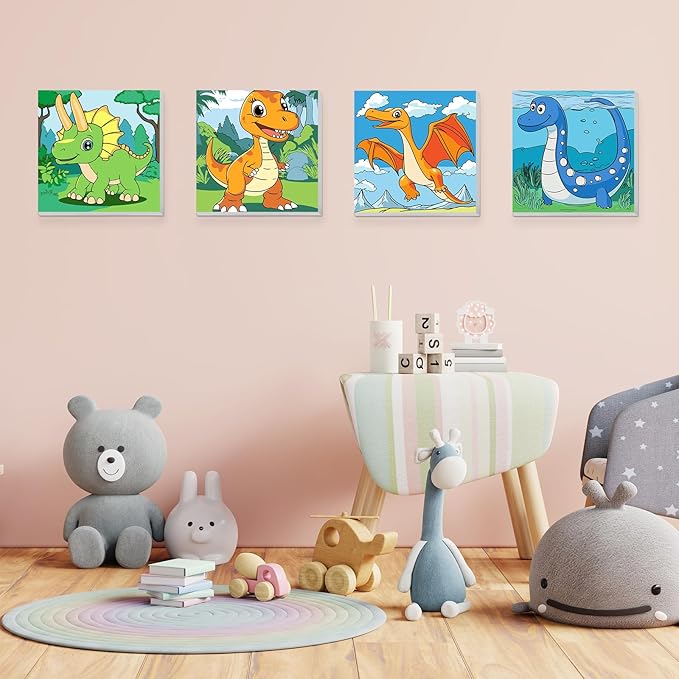 KEYIFA 4 Pack Framed Paint by Numbers Kit for Kids Age 6-12, Easy Cute Dinosaur Painting for Adult Beginners, DIY Framed Acrylic Canvas Painting for Home Decor Children Gift, 8x8 in