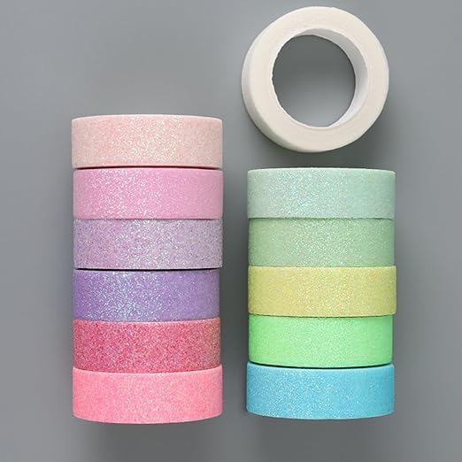 12 Rolls Glitter Washi Tape Set – 15mm Macaron Cute Colored Masking Tape, Sparkle Decorative Tape for DIY, Art, Scrapbook Tape, Decor & Crafts