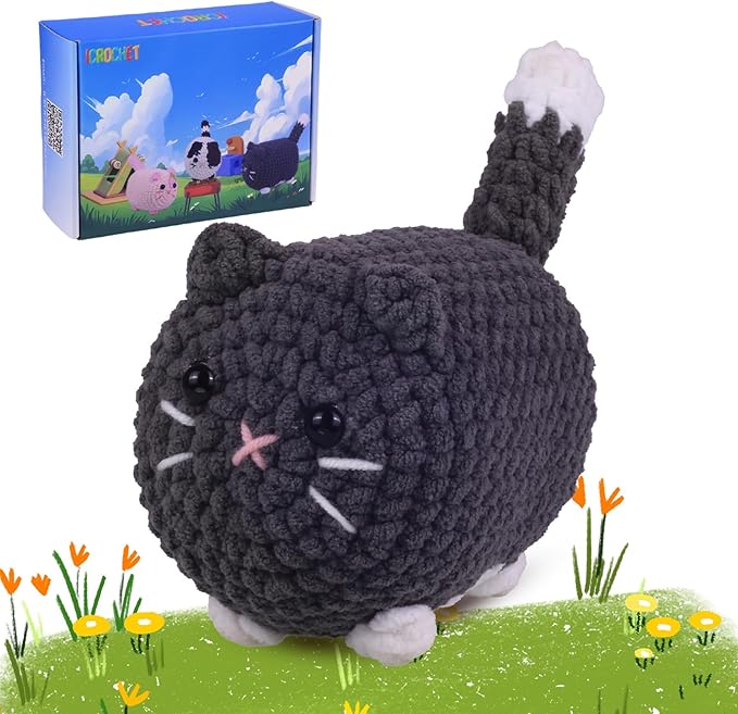 Crochet Kit for Beginners,Crochet Starter Kit with Step-by-Step Video Tutorials,DIY Crochet Animal Kits for Adults Kids,Complete Kit Included (Grey Cat)