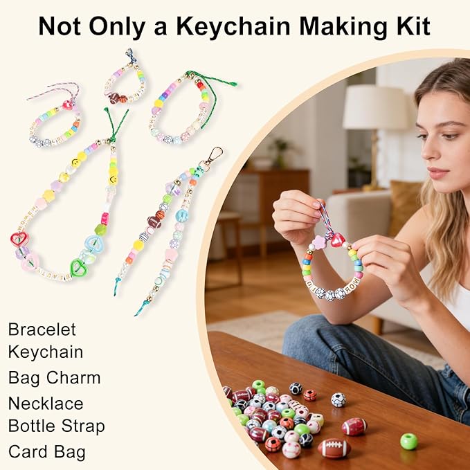 CJZMBSTY 467PCS DIY Sports Bead Keychain Making Kit, Crafts for Bag Charm Bracelet with 6 Ball Types Football Basketball Baseball Tennis Volleyball Rugby, Easy for Beginners and Ball Lover