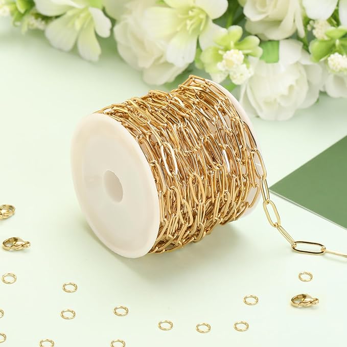 SMYHTGLIF 5 Meters Gold Chain Bulk for Jewelry Making Stainless Steel Paperclip Cable Jewelry Making Chains with Lobster Clasps and Open Jump Rings