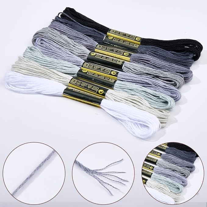 8 Skeins Embroidery Thread Friendship Bracelets String Cross Stitch Threads Cotton Floss Yarn 6 Ply 65yard 1.2mm for DIY Jewelry Making Sewing Needlework Knitting Stitching Craft Supply Gray
