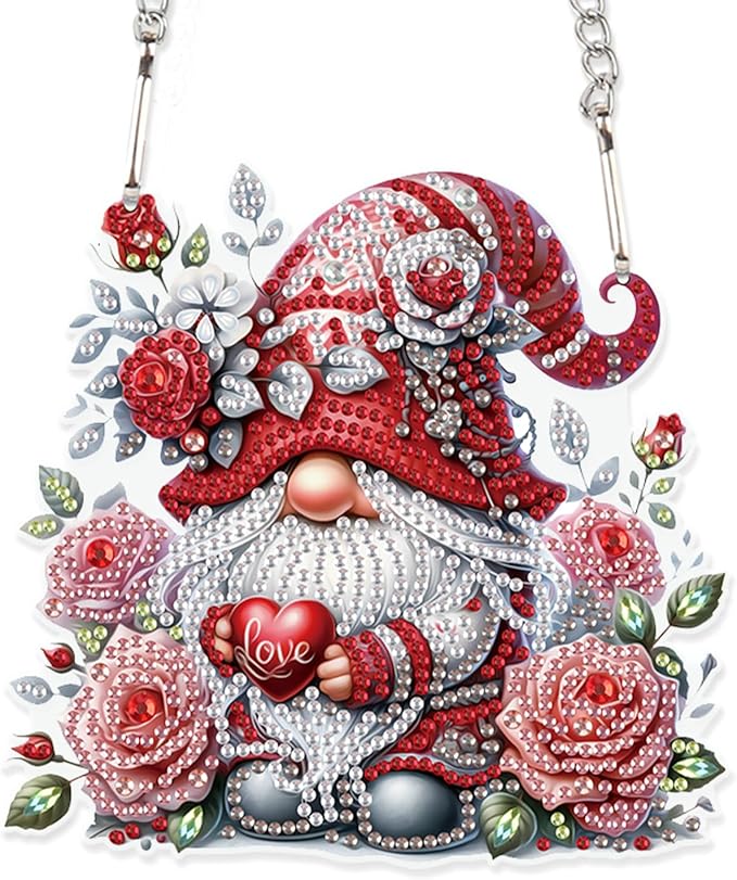 Rose Gnome Diamond Painting Hanging Kit, DIY 5D Acrylic Diamond Art Pendant with Special Shaped Rhinestones, Valentine’s Day Craft Ornament for Wall, Window, or Home Decor, Handmade Gift for Adults