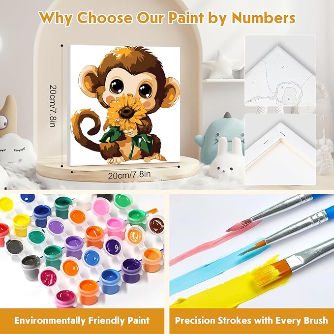 4 Pack Paint by Number for Kids with Wooden Frame, Cartoon Paint by Numbers for Kids Ages 8-12, Elephant, Monkey, Tiger, Panda, DIY Acrylic Oil Painting for Beginners for Home Wall Decor 8X8 inch
