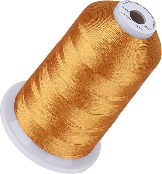 Simthread 5500Yds Embroidery Thread, 5000M High-Yardage 40WT 100% Polyester Thread – 170+ Vivid Colors, High-Speed Rated – Compatible with Brother, Singer, Janome & More - Deep Gold 214