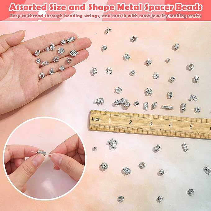 350 Pcs Silver Spacer Beads for Jewelry Making, Mixed Bulk Random Styles Metal Beads for Bracelets, Necklace, Earring Jewelry Making
