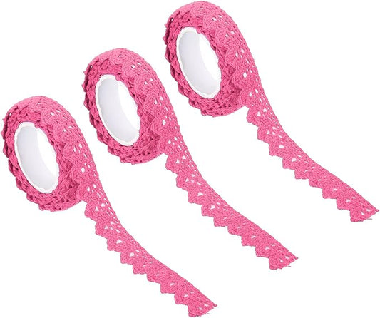 PATIKIL 0.6" Wide 2 Yards Self-Adhesive Lace Tape Lace Ribbon, 3 Pack Cotton Washi Trim Stickers Masking for Craft Scrapbooking DIY Card Making, Dark Pink
