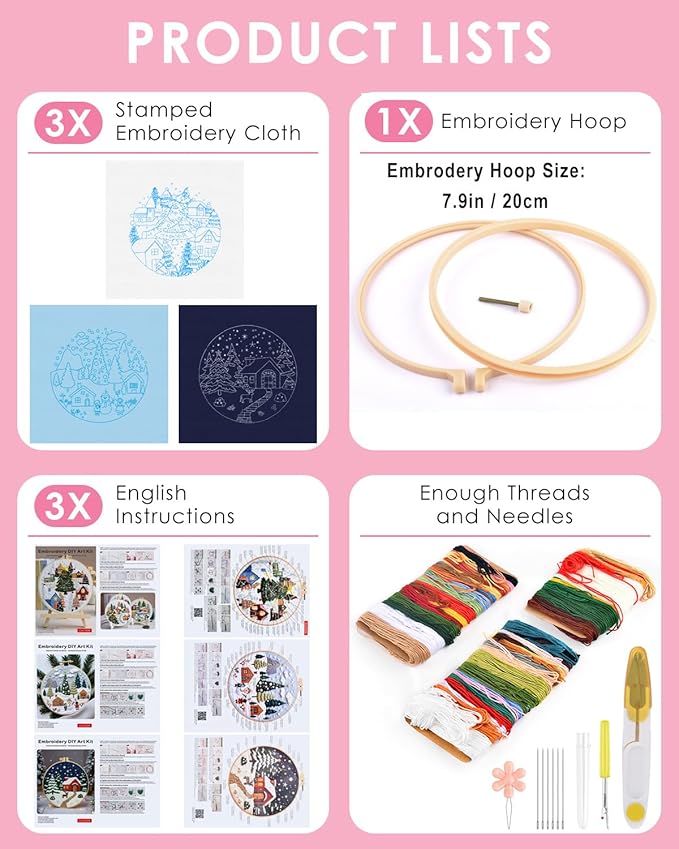 TINDTOP Christmas Embroidery Kit for Adult, 3 Pack Embroidery DIY Starter Kit, with Stamped Patterns, Hoop, Tools, Colorful Threads with Needles, Instructions