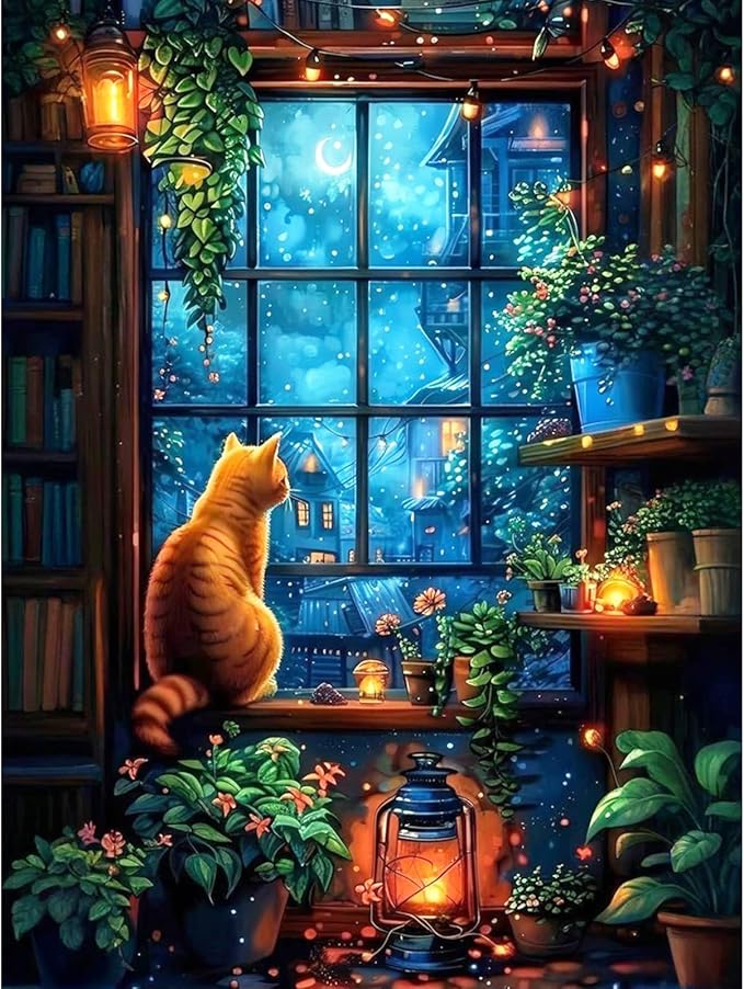 Camocin Diamond Art Kits for Adults Cat, 5D Window Landscape Diamond Painting Kits for Adults Beginners, DIY Potted Plant Full Round Dots Drill Gem Art Kit for Gift Home Wall Decor 12 x 16 Inch