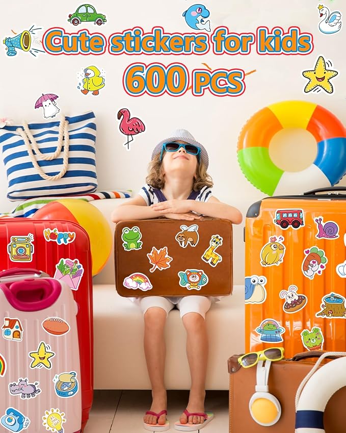 apakkai 600 pcs cute stickers for kids, water bottle stickers for teens, kawaii vinyl phone laptop skateboard animal waterproof sticker, bulk aesthetic sticker packs for boys girls teacher