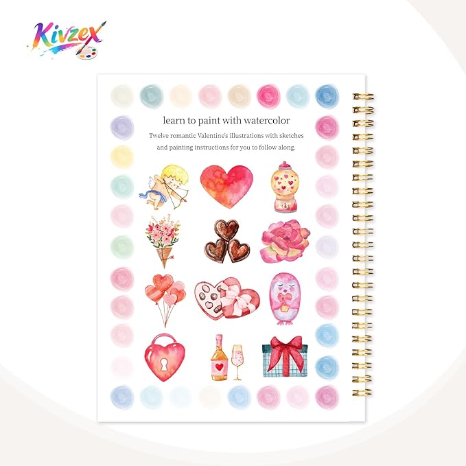 Valentine's Day Watercolor Workbook for Adults, Beginner Friendly Watercolor Painting Kit Pattern Water Coloring Book, Valentines Themed Practice Art Gift Water Color Paint Book with Palette Brush