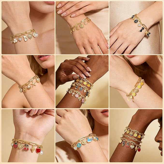 HejVulkan 416 PCS Gold Charm Bracelet Making Kit with Paperclip Chain Bracelets, 153+ Enamel & Gold Charms, Make Your Own Charm Bracelet Kit, Easy Charm Bracelet Making Kit for Women