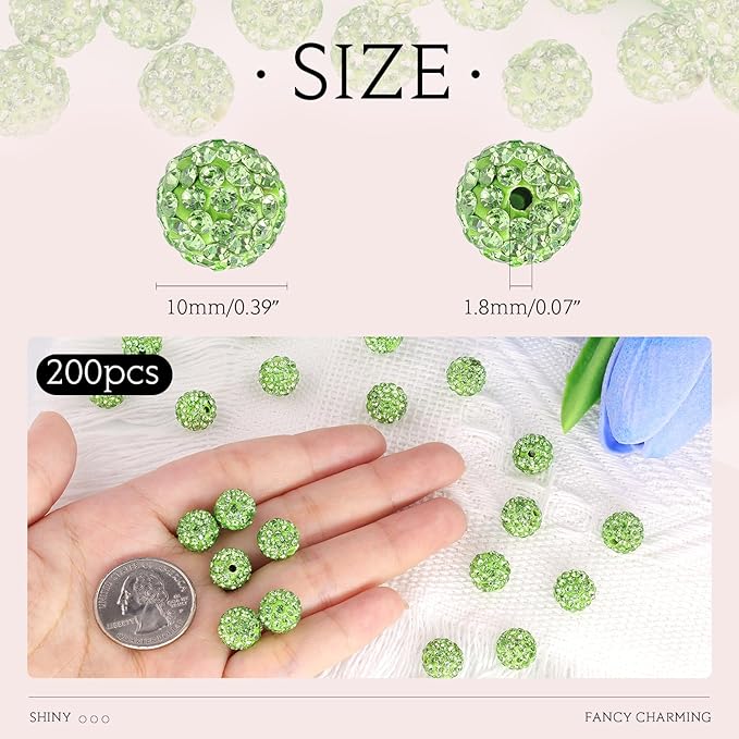 200pcs 10mm Light Green Rhinestone Beads for Jewelry Making, Shiny Round Shamballa Disco Ball Beads, Sparkle Crystal Clay Christmas for Bracelet Baseball Necklace Earring Crafting and DIY