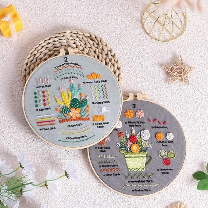 konrisa embroidery kits for adult beginners, stamped embroidery starter kit with flower pattern, diy sewing needlepoint kits, cross stitch practice kit,3 pcs embroidery pattern, include 1pcs hoop