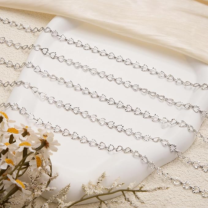 YOUBEIYEE 16.4 Feet Stainless Steel Silver Chain for Jewelry Making Heart Link Chain for Women Necklace DIY Chains Bulk