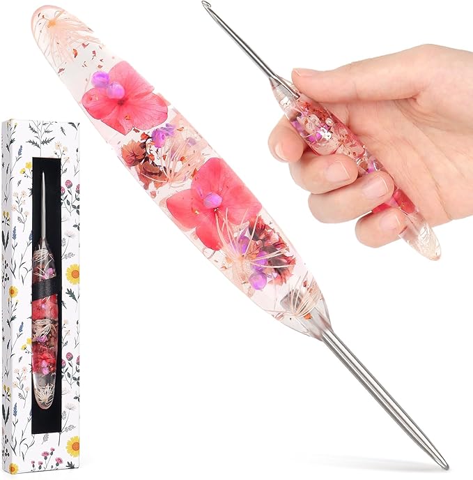 Katech 3.0mm Crochet Hook for Arthritic Hands, Hand-Polished Stainless Steel Ergonomic Crochet Hooks with Customized Sparkle Dried Floral Grip, Soft Tapered Hook-Crochet Gift for Beginner & Crocheter