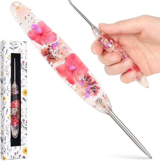 Katech 3.0mm Crochet Hook for Arthritic Hands, Hand-Polished Stainless Steel Ergonomic Crochet Hooks with Customized Sparkle Dried Floral Grip, Soft Tapered Hook-Crochet Gift for Beginner & Crocheter