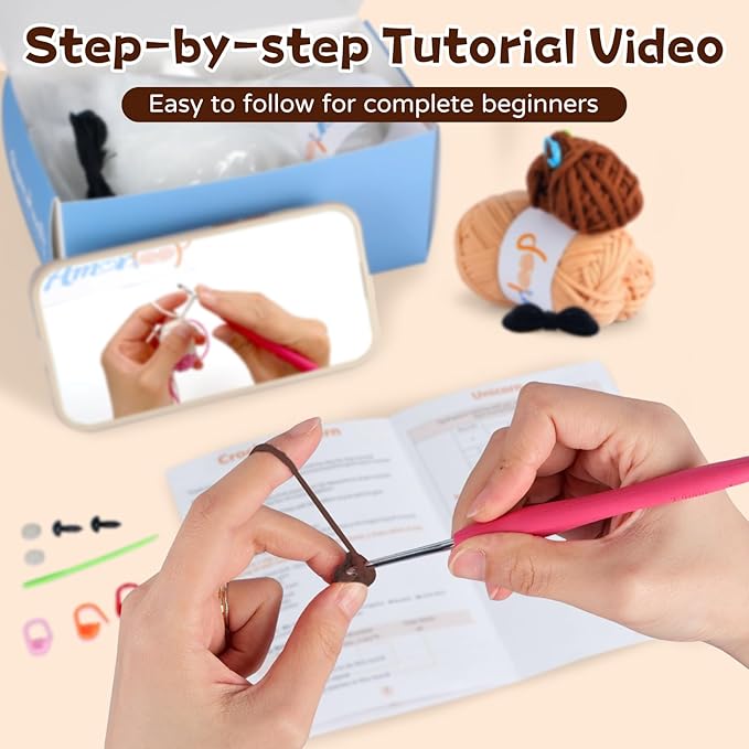 Amorloop Crochet Kit for Beginners – Easy-to-See Stitches Yarn, Pre-Started Piece, and Step-by-Step Video Tutorials | Starter Crochet Set with Cute Animal Pattern – Original Handmade Capybara Pattern