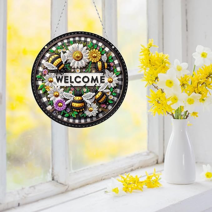 Generic DIY Hanging Diamond Pendant Special Shaped Crystal Diamond Art Painting Ornament Single Sided for Window Home Garden Wall Door Decor-Bee Daisy