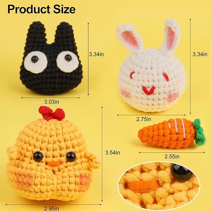 XSEINO Crochet Kit for Beginners,Crochet Start Kit with Step-by-Step Video Tutorials,Learn to Crochet Kit for Beginners - Cat,Chick,Rabbit,Carrot