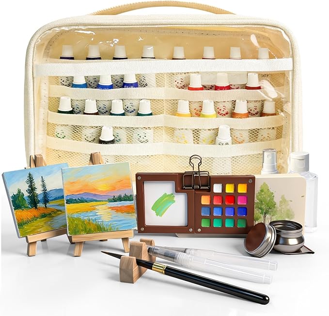 Mini Watercolor Travel Paint Set,34Pcs Artist Watercolor Palette Travel Set with Colors,Wooden Paint Box,Brush,Holder,Oil Cup,Plastic Bottles Storage Bag for Beginners Artists Student(15 Grids)