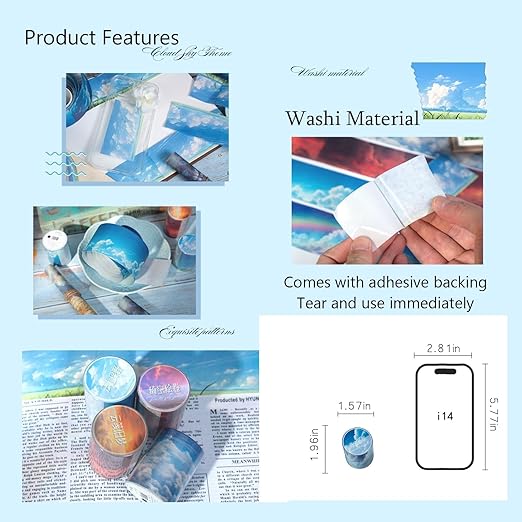 Kesari Cloud Washi Tape Stickers for Scrapbooking Supplies,6 Rolls Nature Themed Washi Stickers for Journaling, Junk Journal Supplies, Planer (Cloud)
