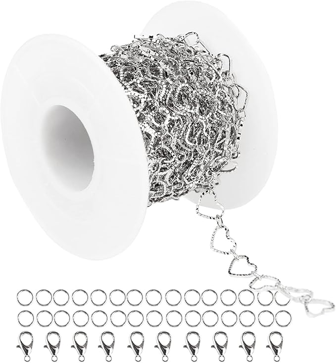 YOUBEIYEE 16.4 Feet Silver Plated Heart Chain Brass Handmade Embossed Link Chains Bulk on Spool with Open Jump Rings Lobster Clasps for Bracelet Necklace Jewelry Making
