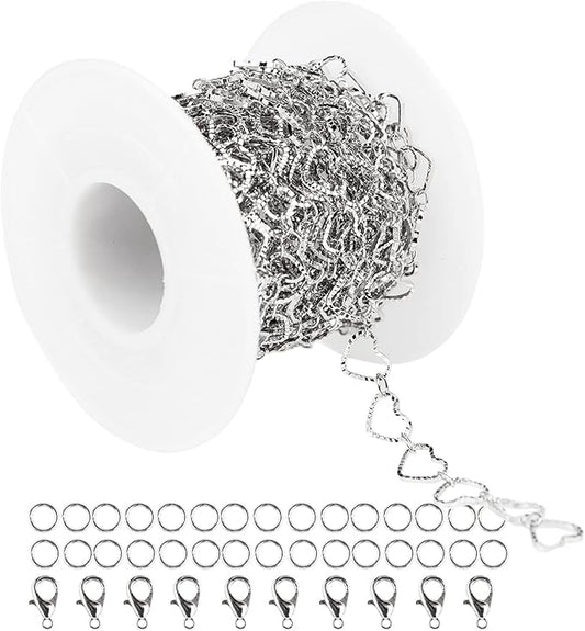 YOUBEIYEE 16.4 Feet Silver Plated Heart Chain Brass Handmade Embossed Link Chains Bulk on Spool with Open Jump Rings Lobster Clasps for Bracelet Necklace Jewelry Making