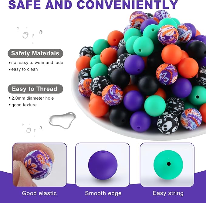 150Pcs Mixed Color 15mm Silicone Beads for Keychain Making, Purple Orange Halloween Print Silicone Beads for Pens and Bracelet Jewelry Making