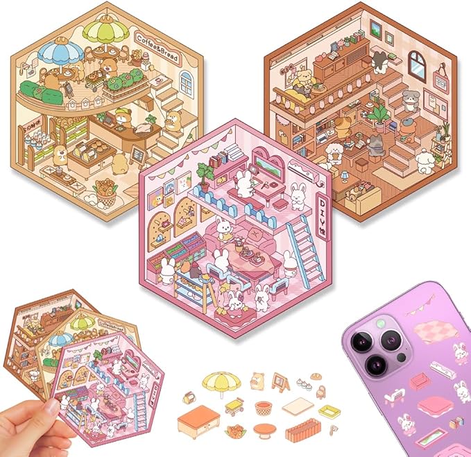 Scrapbooking Supplies Kit,DIY 3D Stickers Scene,3 Set Funny DIY Sticker Scenes,Make Your Own Cute 3D Miniature Room Scene Stickers for Adults Relief Stress Pass The Time.18-19-20