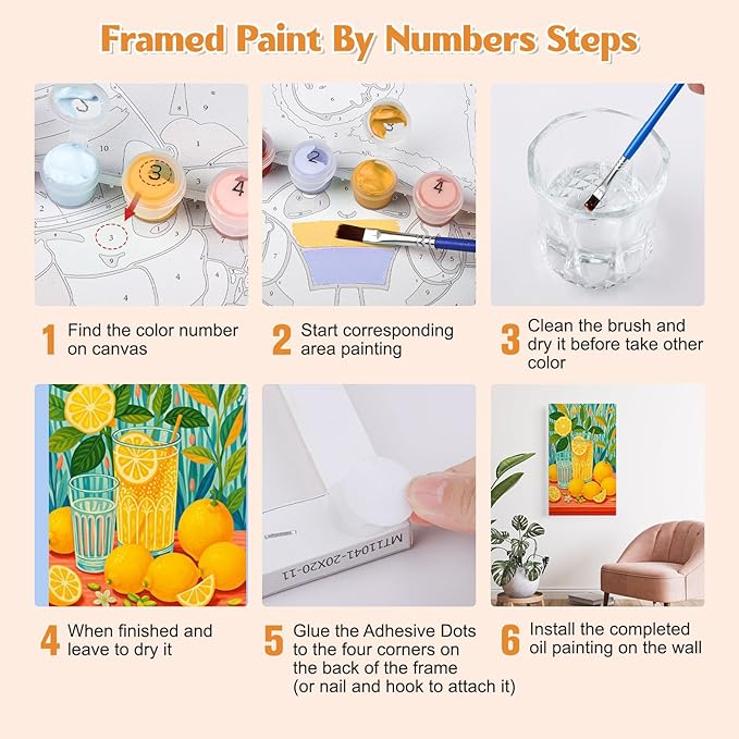 GHHKUD Lemon Paint by Numbers Kits with Frame for Adults Beginners, DIY Beverage Paint by Numbers for Kids, Painting Art on Canvas Gifts Home Wall Decor 20x30cm