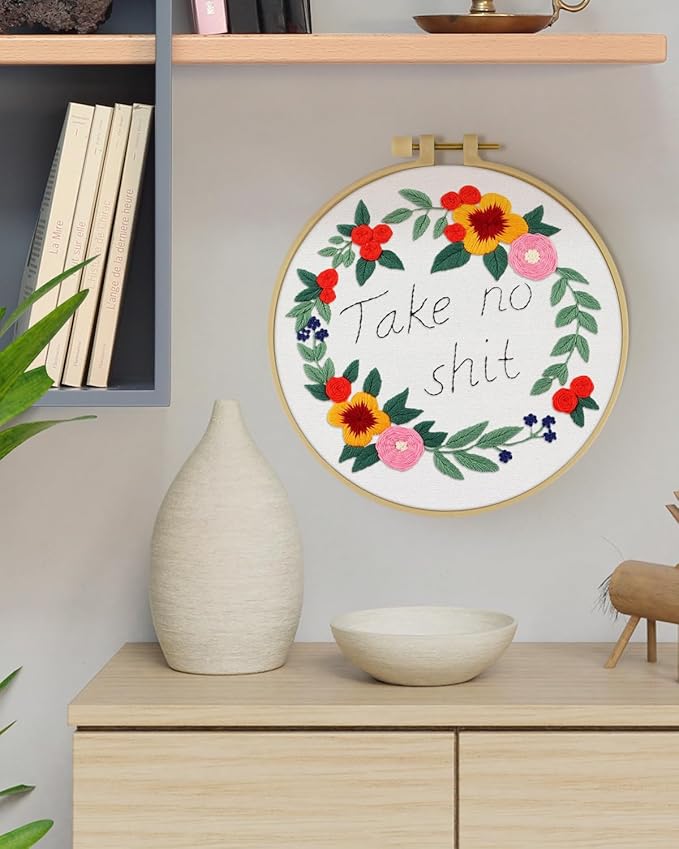 ERKOON Embroidery Kit for Beginners, Flower Cross Stitch Set for Include Embroidery Cloth Hoops Threads for Craft Lover Hand Stitch with Embroidery Skill Techniques (Happiness Wreath)