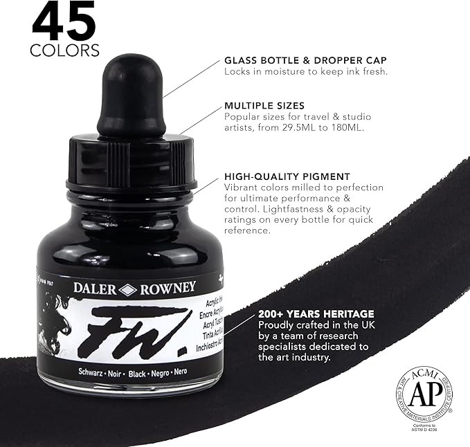 Daler-Rowney FW Acrylic Ink Bottle 6-Color Shimmering Set with Empty Marker - Acrylic Set of Drawing Inks for Artists and Students - Permanent Art Ink Calligraphy Set