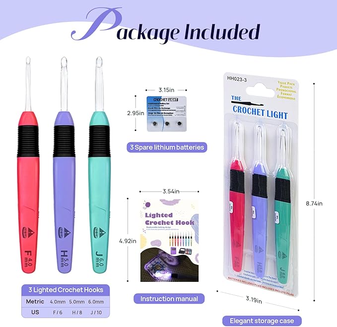 lewhoo 3 size lighted crochet hook set, illuminated crochet hooks with replacement battery, led set with case for crocheters 4.0mm, 5.0mm, 6.0mm