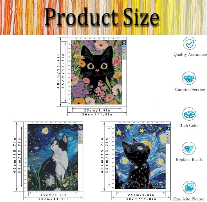 3 Pack Stamped Cross Stitch Kits for Adults - Cat Cross Stitch Kits for Beginners,11 CT Animal Cross Stitch Patterns Dimensions DIY Counted Cross Stitch Kits for Adults Arts Craft 12x16 inch