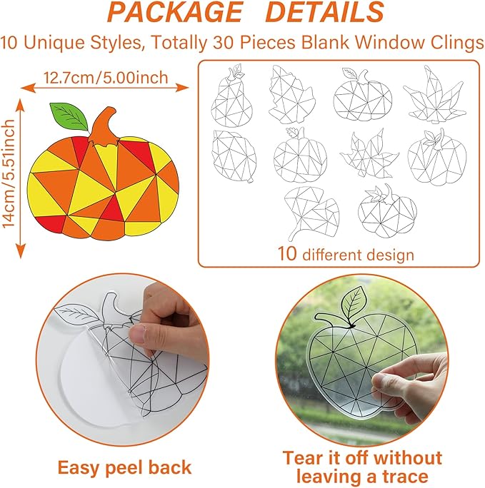 Qyeahkj 30Pcs Thanksgiving Pumpkin Fall Suncatchers Craft Kit DIY Coloring Maple Leaves Art Craft Autumn Window Cling Sticker Window Ornaments Decor Gift for Activities