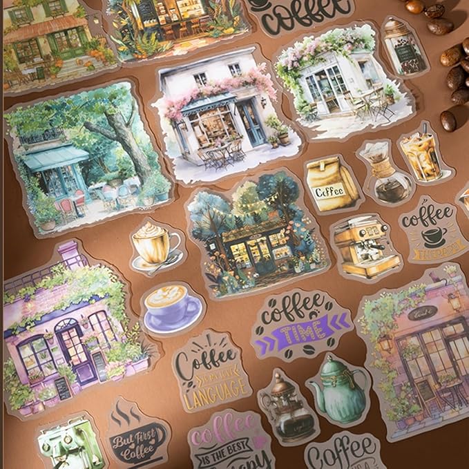 TIAMECH Encounter Cafe PET Stickers - 150 Pcs Silent Romantic Delicious Leisure Coffee Design, Waterproof Sticker for Journaling & Scrapbooking, Junk Journal Supplies, Ephemera & DIY Crafts