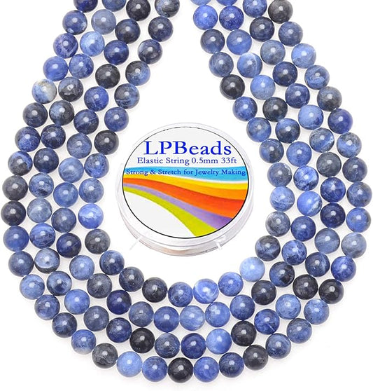 LPBeads 200Pcs Polished 6mm Round Natural Blue Sodalite Gemstone Loose Beads with Stretch Cord for Jewelry Making Bracelets