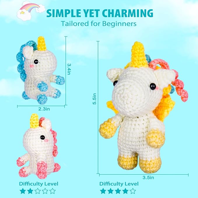 Crochetta Crochet Kit for Beginners, Amigurumi Crocheting Animals Kits w Step-by-Step Video Tutorials, Knitting Starter Pack for Adults and Kids, Jumbo 3 Unicorn Familly (40%+ Yarn Content)