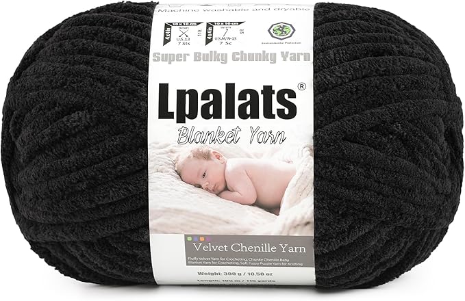 Baby Blanket Yarn for Crocheting - 1 Pack of 300g/10.6oz Super Fluffy Chunky Chenille Yarn for Hand Knitting, 115 yds Super Bulky Plush Yarn for Cozy Blankets and Amigurumi (1, Black)