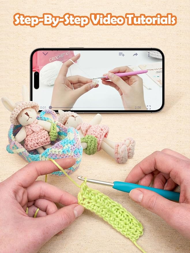 Lmrbelec Crochet Kit for Beginners, Crochet Animals Kit for Kids Adults, Rabbit Cradle Knitting Kit with Soft Yarn, Crochet Hook & Step-by-Step Video Tutorials, Crafts & Gift for Teen Girls