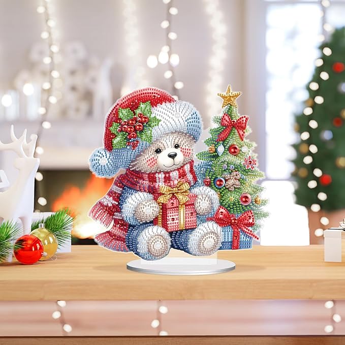 MVVMTOP Christmas Diamond Painting Kits Tabletop Decoration, DIY Bear & Christmas Tree, 5D Diamond Art Home Ornament by Number Mosaic Arts Crafts for Home Office Acrylic Tabletop Decor, New Year Gift