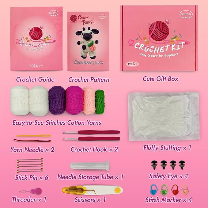 SGIBYN Crochet Kit for Beginners with Step-by-Step Video Tutorials,Beginners Starter Crochet Cow Kit for Adults,Learn to Crochet Animal Set(Strawberry Cow)